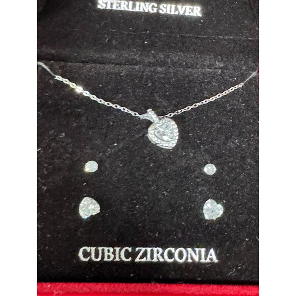 Sterling Silver Cubic Zirconia Heart Pendant Necklace & Earrings Set In Red Velv - Picture 2 of 6